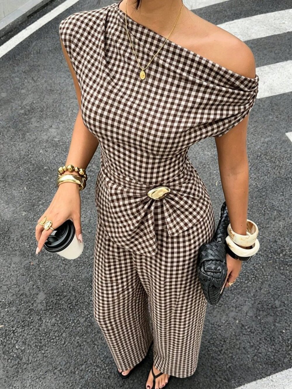 Brown Elegant Chic Plaid Women's One-Shoulder Peplum Top & Wide-Leg Pants Set